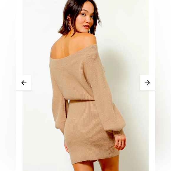 Line & Dot Revolve Rebecca Women's Off-Shoulder Sweater Dress Tan Natural Small - Picture 2 of 7